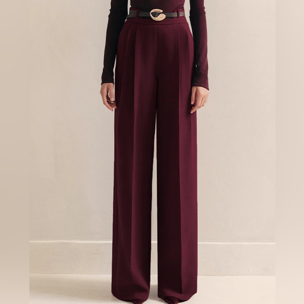 NWT Commense Metal-Belt Pleated High-Waist Pants – Burgundy